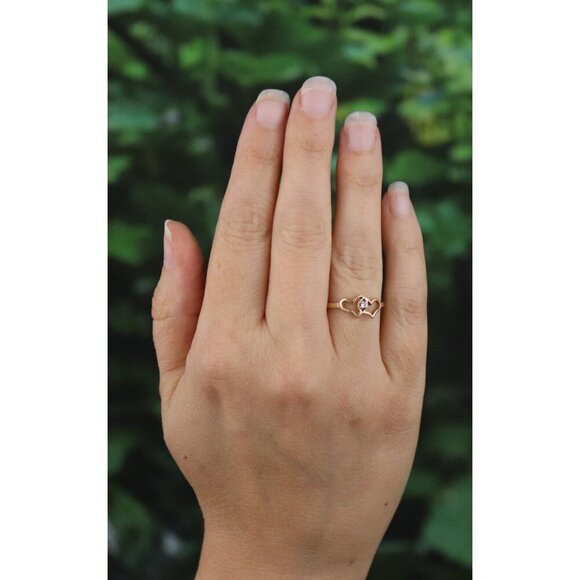 10k Yellow Gold Diamond Two Heart Ring Dainty Woman Teen Girl Size 5 1/4 - Picture 2 of 7